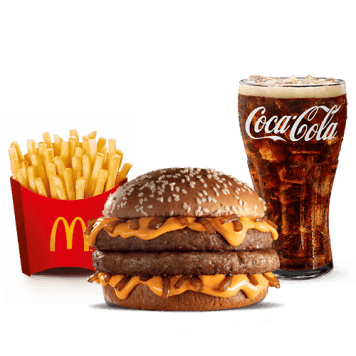 Dois hambúrgueres (100% carne bovina), molho lácteo com queijo tipo cheddar, cebola ao molho shoyu e pão escuro com gergelim, acompanhamento e bebida.